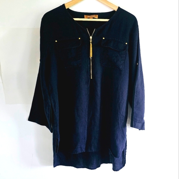 Ellen Tracy 100% Linen Hi-Low Blue Denim Women's Tunic Blouse Size L - Picture 2 of 10